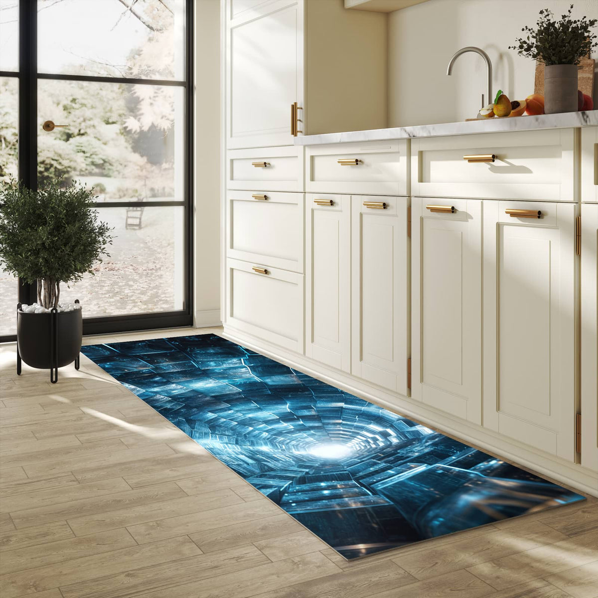 Feuchtigkeitsresistenter Küchenteppich mit Motiv Futuristischer Tunnel in heller Küche