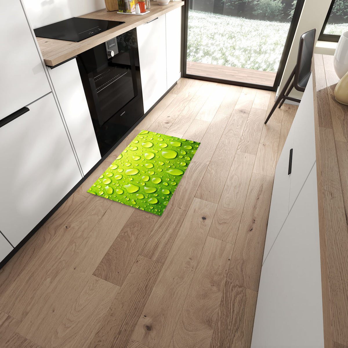 Küchenteppich mit Motiv Sanfte Wassertropfen für angenehme Haptik in moderner Küche