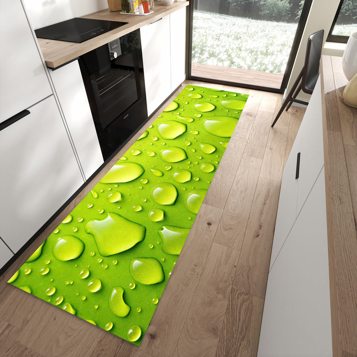 Waschbarer großer Küchenteppich mit Motiv Sanfte Wassertropfen in moderner Küche