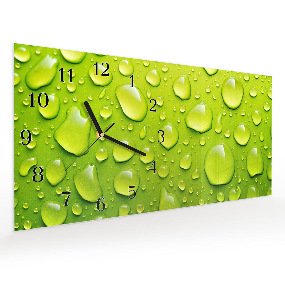 Vormontiert – mit Schwebeeffekt – Wanduhr Sanfte Wassertropfen aus Glas – Querformat 60 × 30 cm