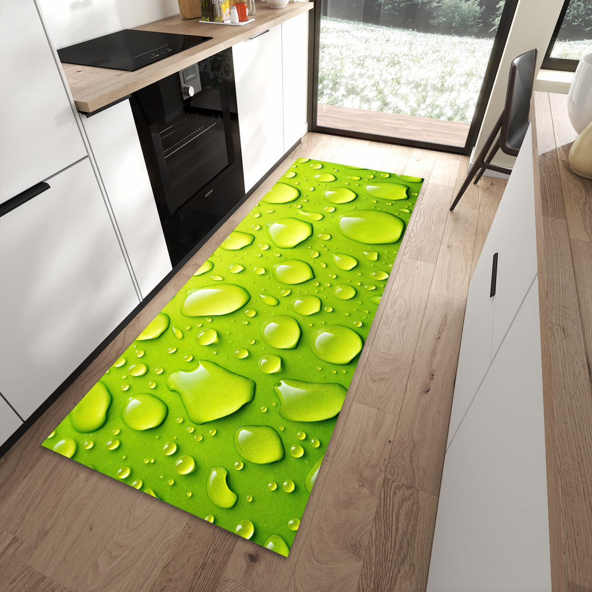 Feuchtigkeitsresistenter Küchenläufer mit Motiv Sanfte Wassertropfen in moderner Küche