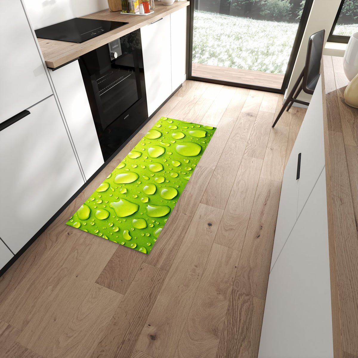 Flacher Bodenläufer mit Motiv Sanfte Wassertropfen in moderner Küche #grösse_60 x 150 cm