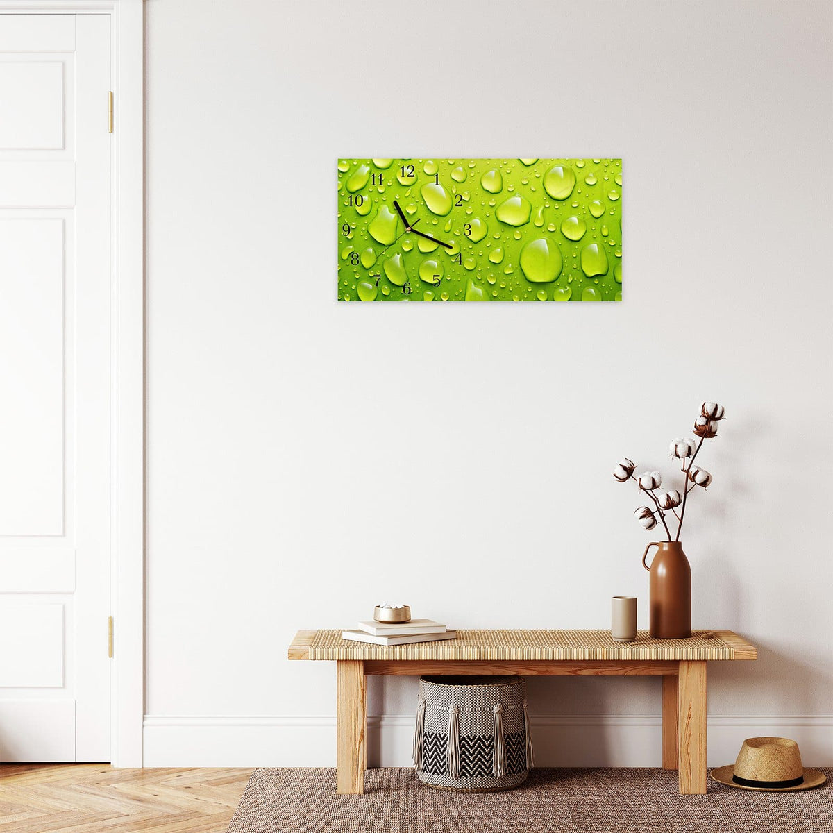 Moderne Wanduhr aus Glas mit Farbtiefe – Wanduhr Sanfte Wassertropfen aus Glas – Querformat 60 × 30 cm