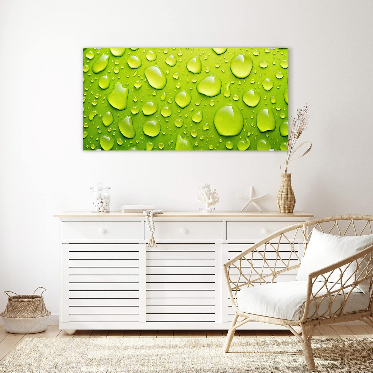 Echtglas, 4 mm – kein Acryl, keine Folie – Wandbild - Tropfen auf Grün - Querformat