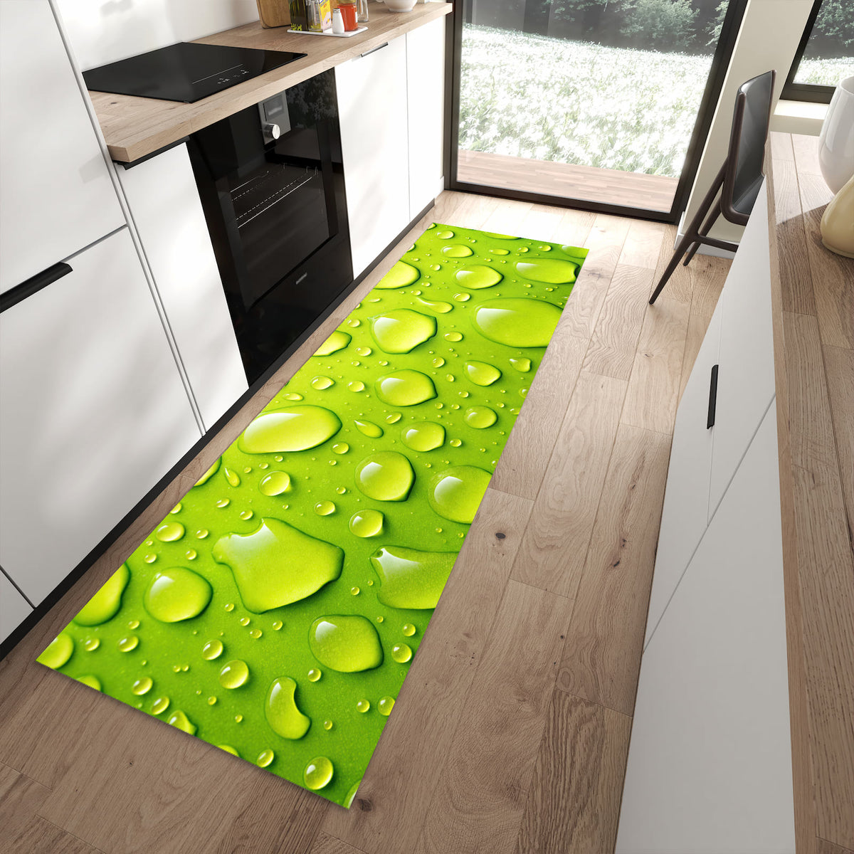 Strapazierfähiger waschbarer Küchenteppich mit Motiv Sanfte Wassertropfen in moderner Küche