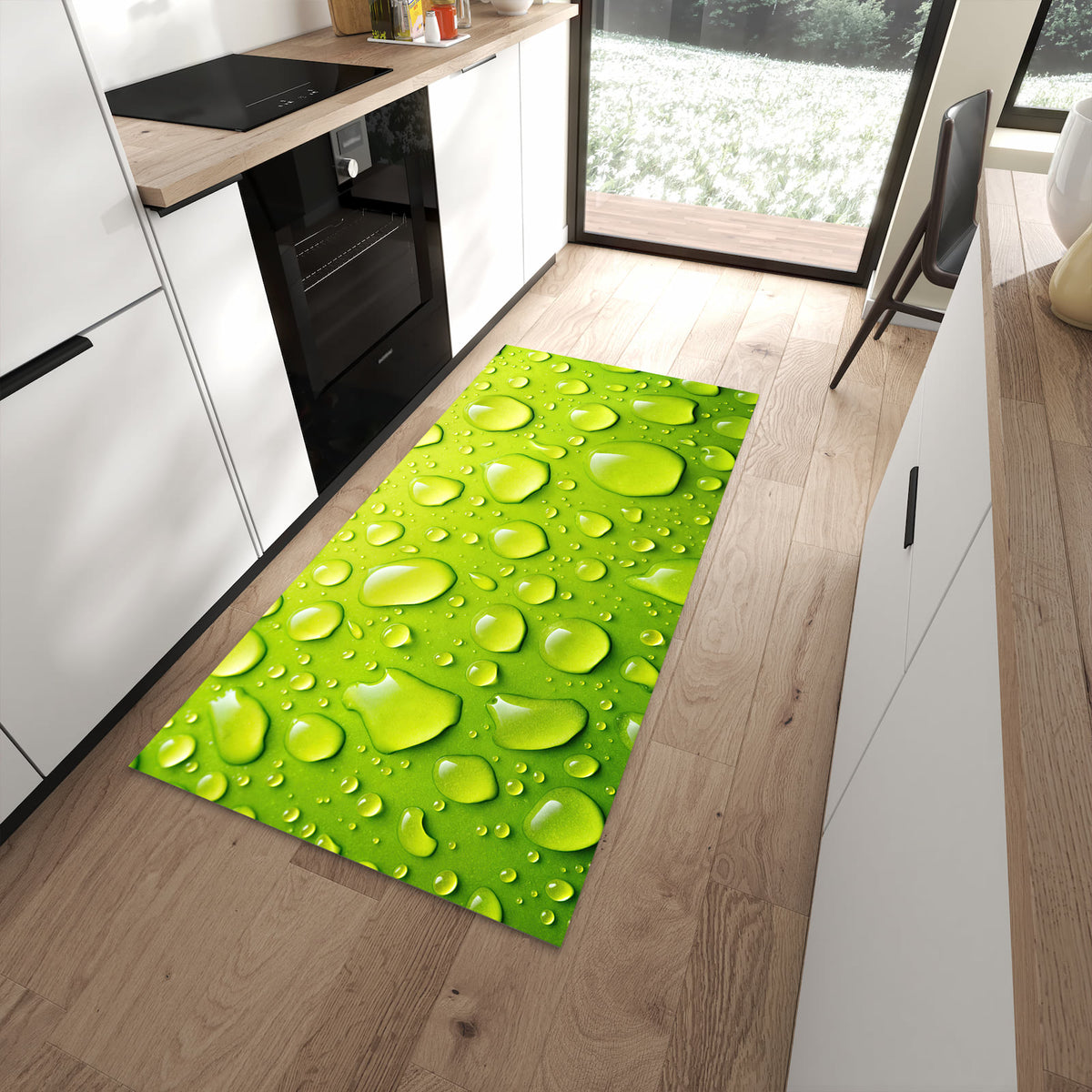 Rutschfester Küchenteppich mit Motiv Sanfte Wassertropfen in moderner Küche
