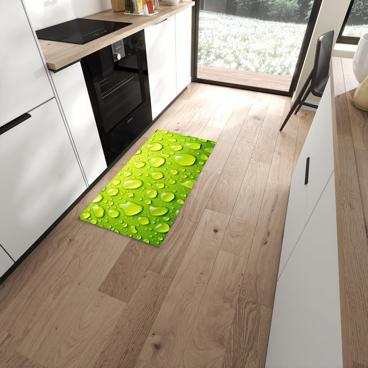 Langlebiger Bodenläufer mit Motiv Sanfte Wassertropfen in moderner Küche #grösse_60 x 120 cm