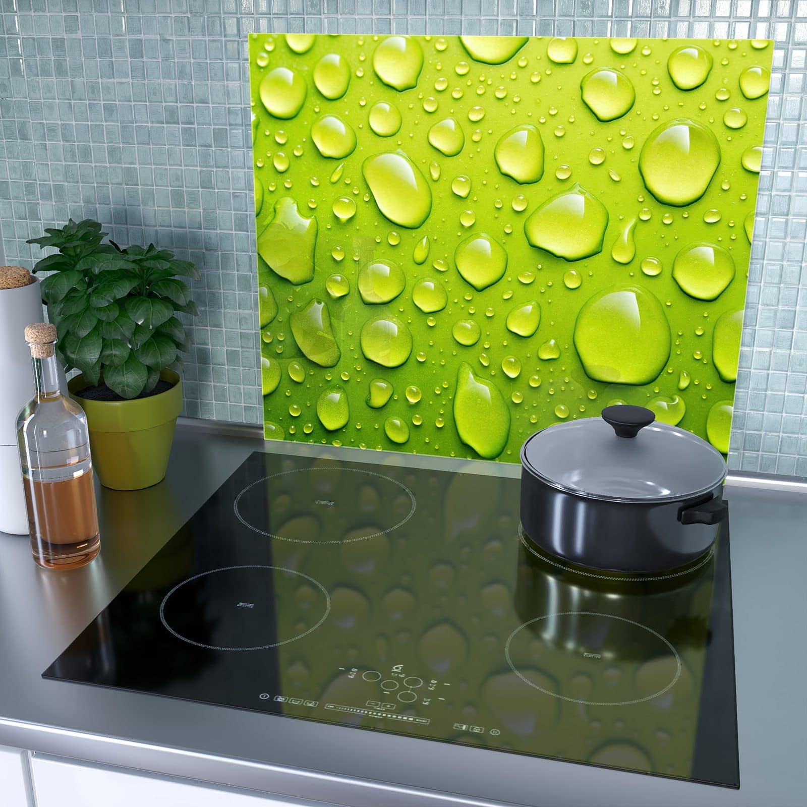 1-teilige Herdabdeckplatte mit Sanfte Wassertropfen-Motiv als Spritzschutz hinter dem Kochfeld
