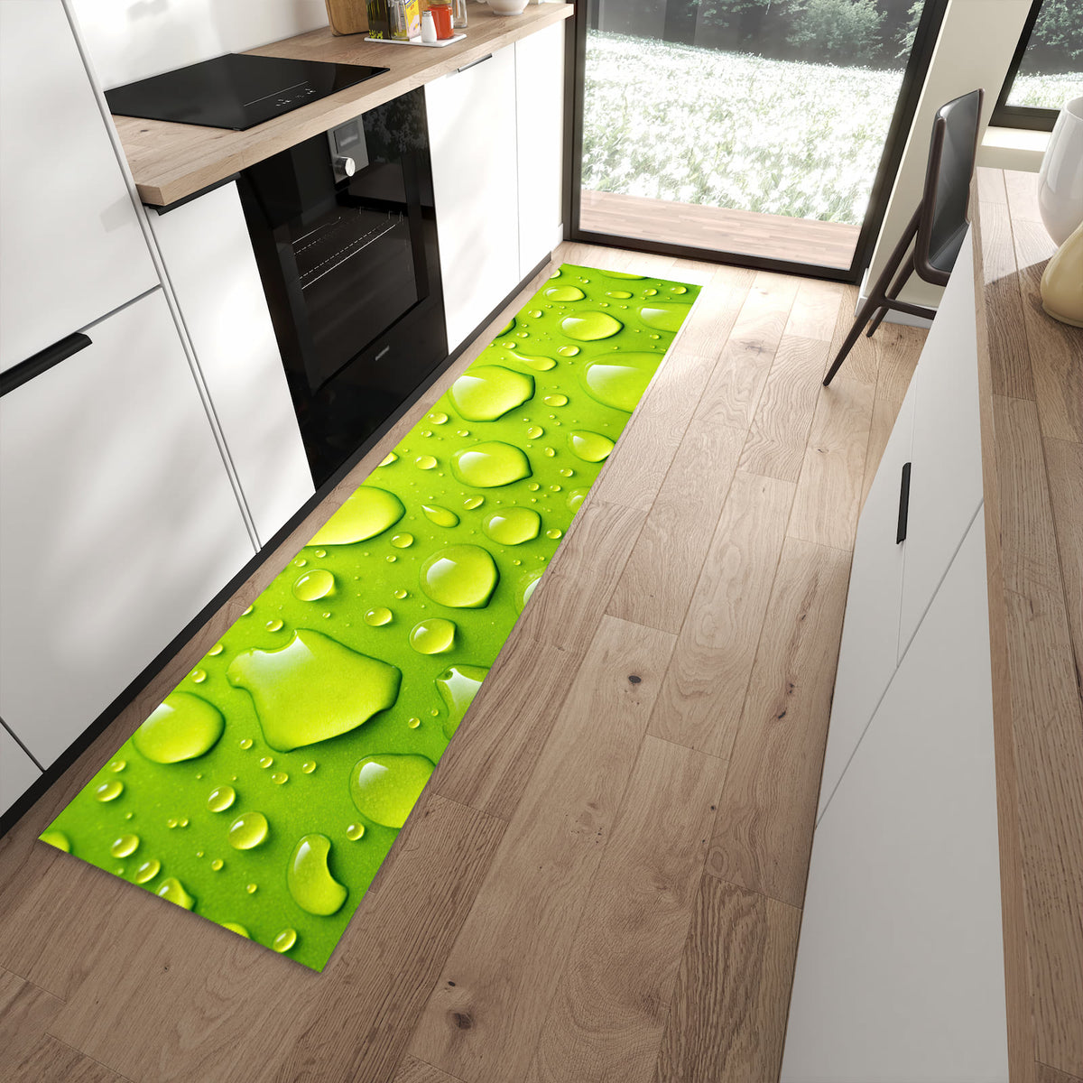 Rutschfester Küchenläufer mit Motiv Sanfte Wassertropfen in moderner Küche