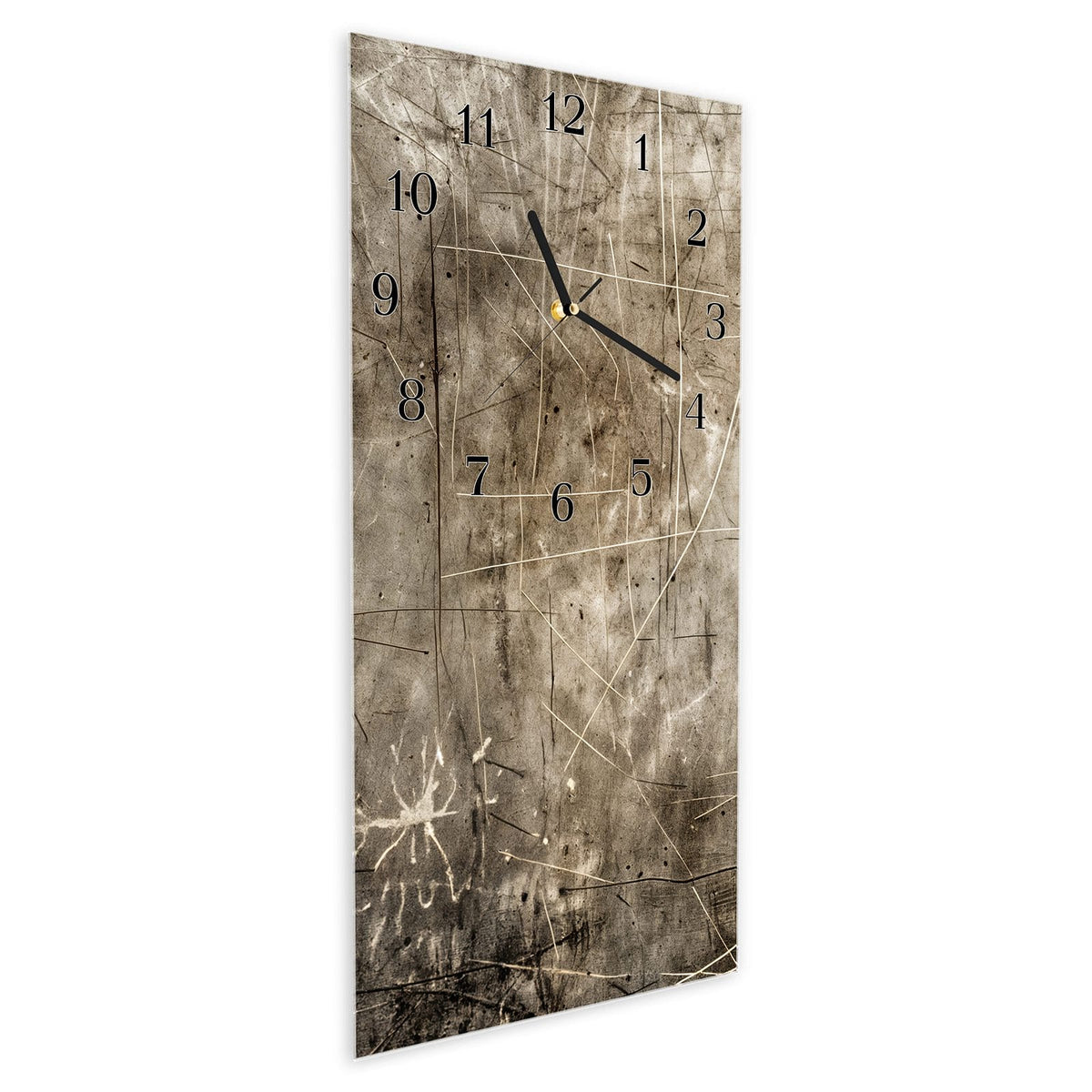 Vormontiert – mit Schwebeeffekt – Wanduhr Abstrakte Kratzstruktur aus Glas – Hochformat 30 × 60 cm