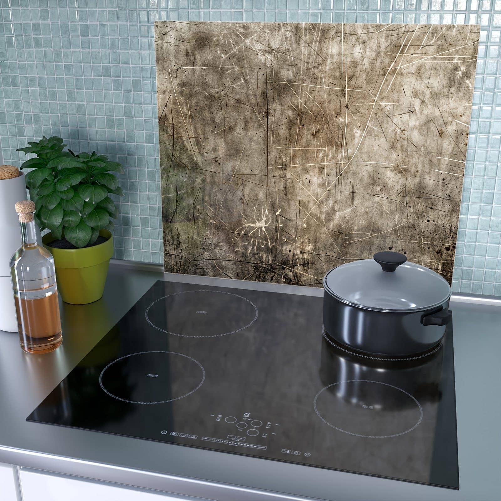 1-teilige Ceranfeld Abdeckplatten mit Abstrakte Kratzstruktur-Motiv als Spritzschutz hinter dem Kochfeld