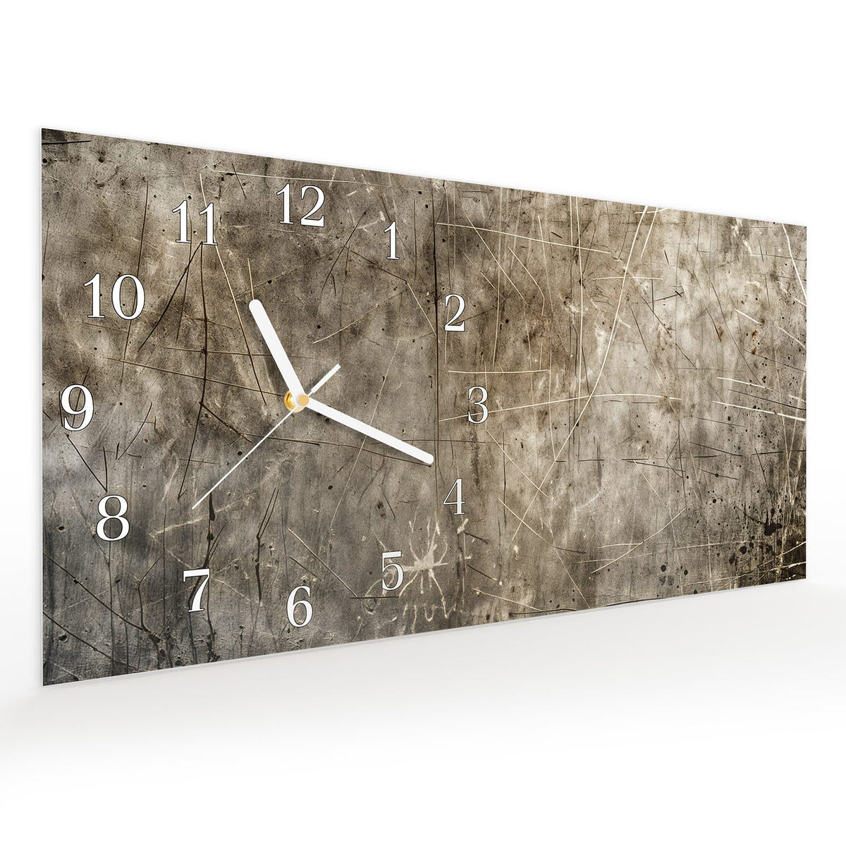 Vormontiert – mit Schwebeeffekt – Wanduhr Abstrakte Kratzstruktur aus Glas – Querformat 60 × 30 cm