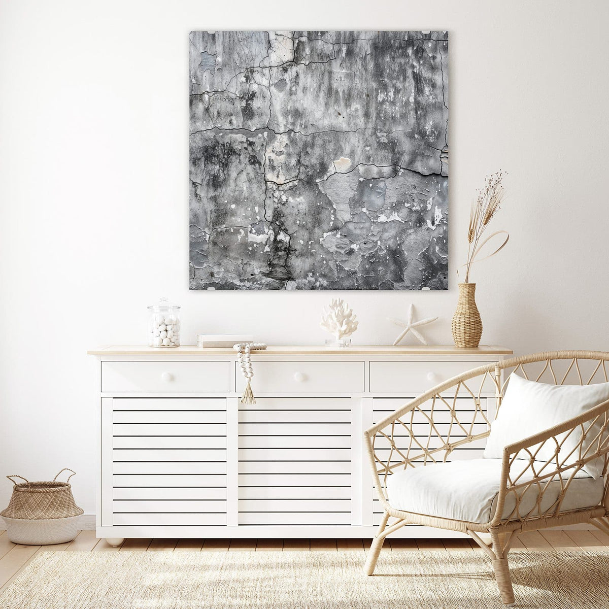Echtglas, 4 mm – kein Acryl, keine Folie – Wandbild - Grauer Putz mit Rissen - Quadratisch