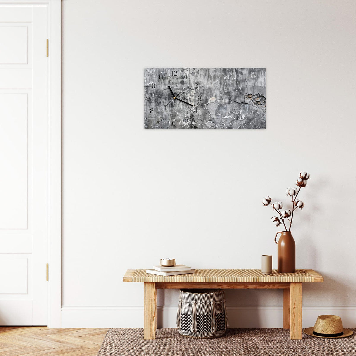 Moderne Wanduhr aus Glas mit Farbtiefe – Wanduhr Gealterte Wandoberfläche aus Glas – Querformat 60 × 30 cm