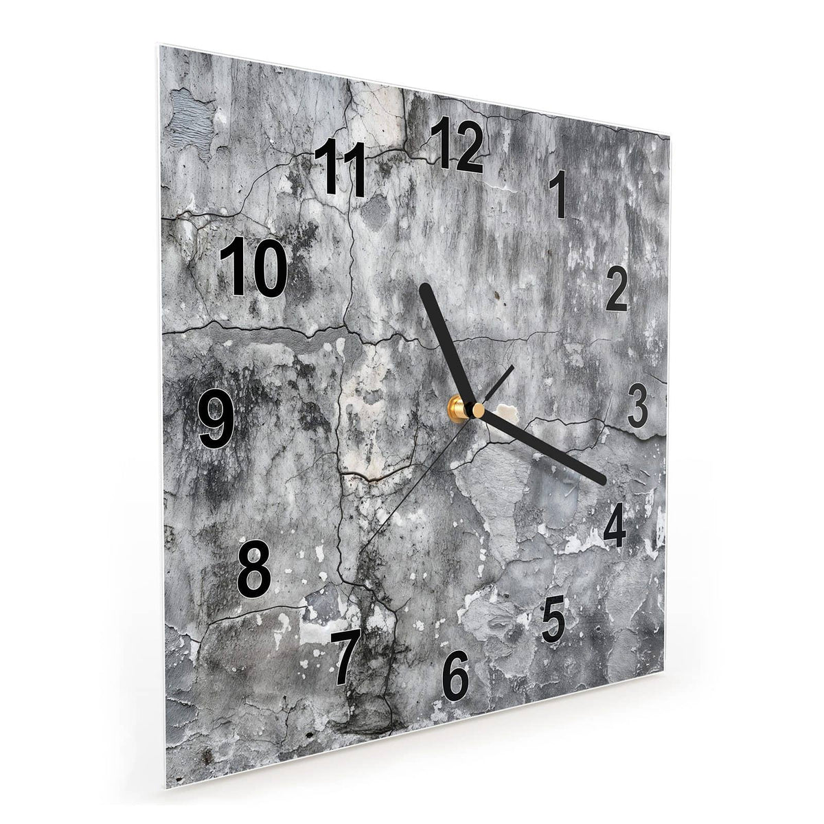 Quadratische Wanduhr aus Glas Grauer Putz mit Rissen schräg von der Seite, 4 mm starkes Glas