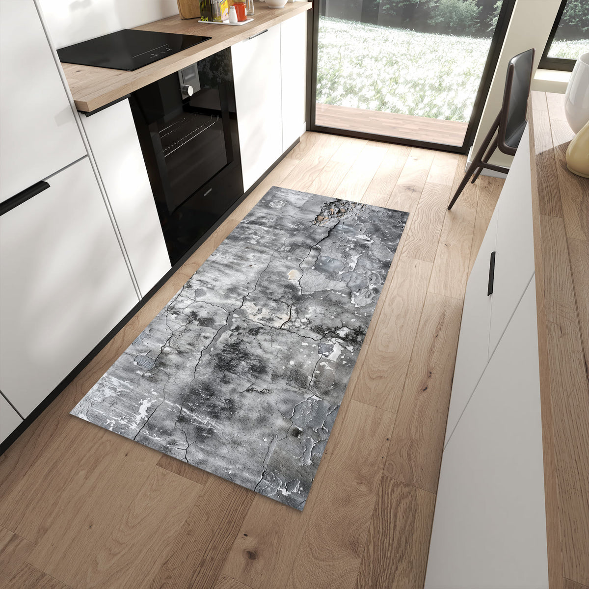 Bodenschonender Küchenteppich mit Motiv Gealterte Wandoberfläche in moderner Küche