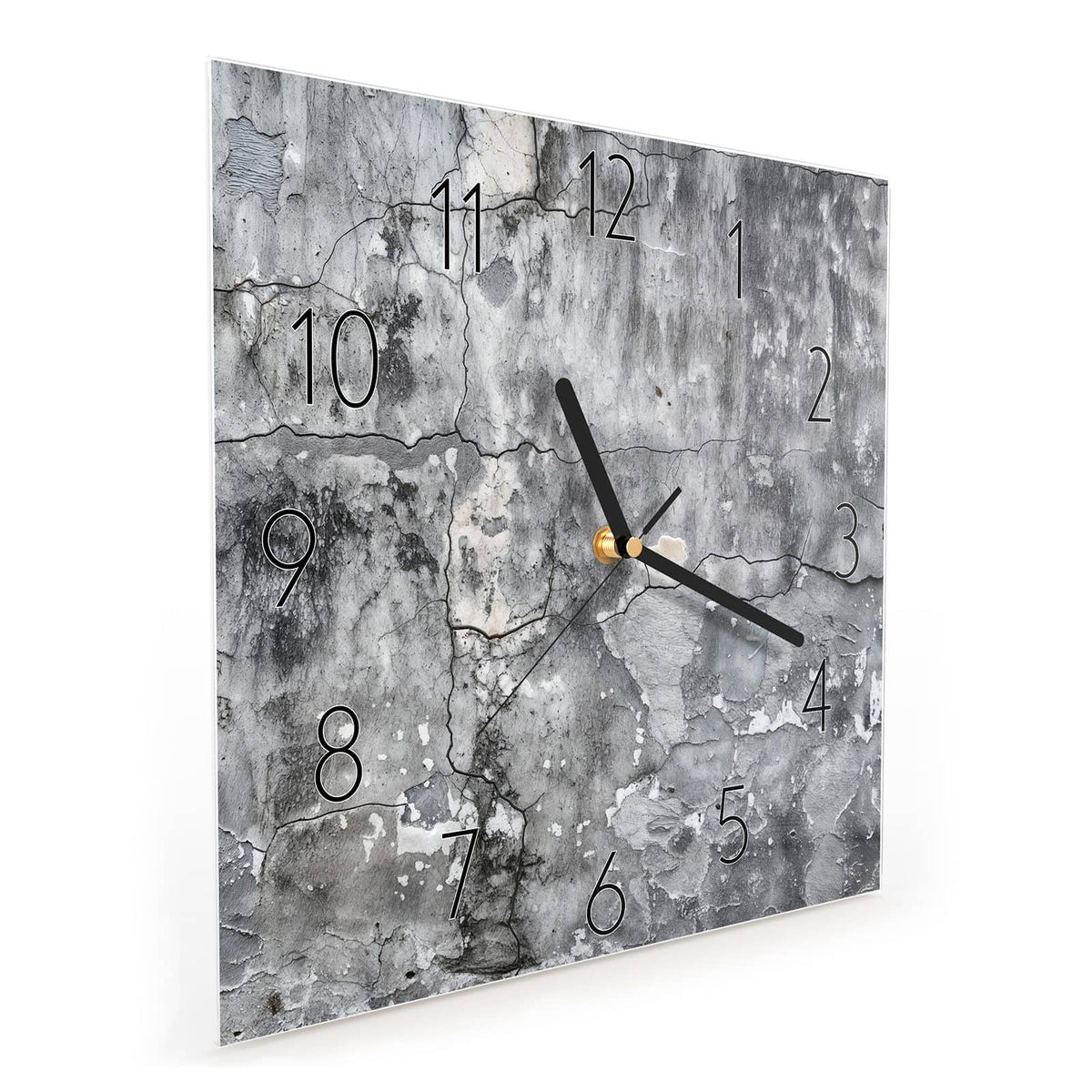 Quadratische Wanduhr aus Glas Grauer Putz mit Rissen schräg von der Seite, 4 mm starkes Glas