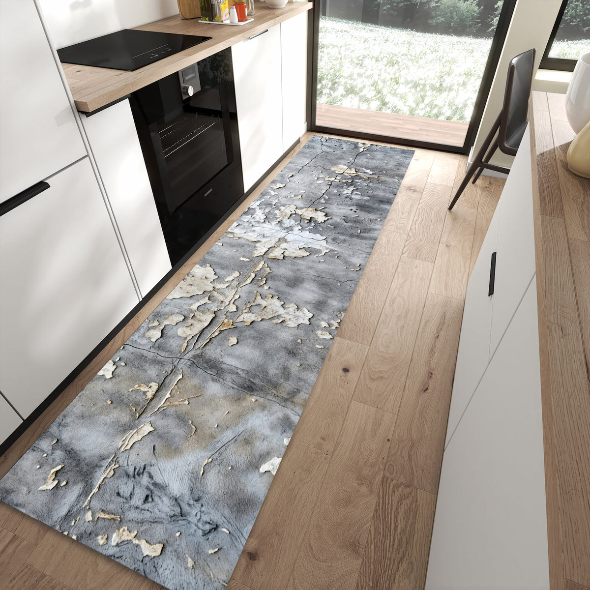 Geruchsneutraler abwaschbarer Küchenteppich mit Motiv Abblätternde Wand in moderner Küche