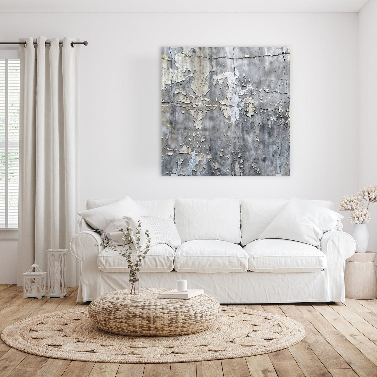 Glasbild Abblätternde Wand an der Wand – Graue Wand, von der Farbe und Putz großflächig abplatzen, feine Risse