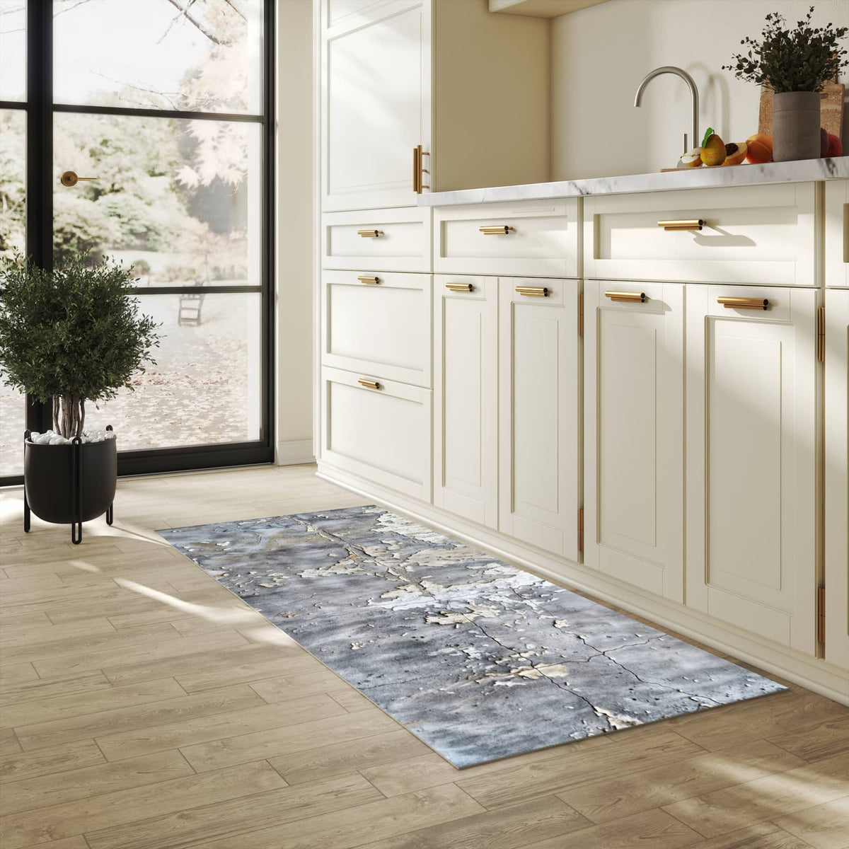 Küchenteppich mit Motiv Abblätternde Wand für Ordnung & Übersicht in heller Küche