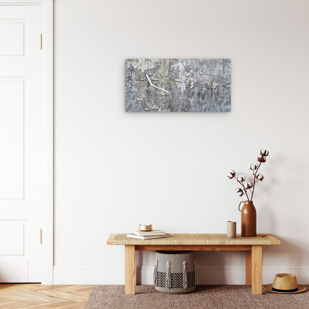 Moderne Wanduhr aus Glas mit Farbtiefe – Wanduhr Abblätternde Wand aus Glas – Querformat 60 × 30 cm