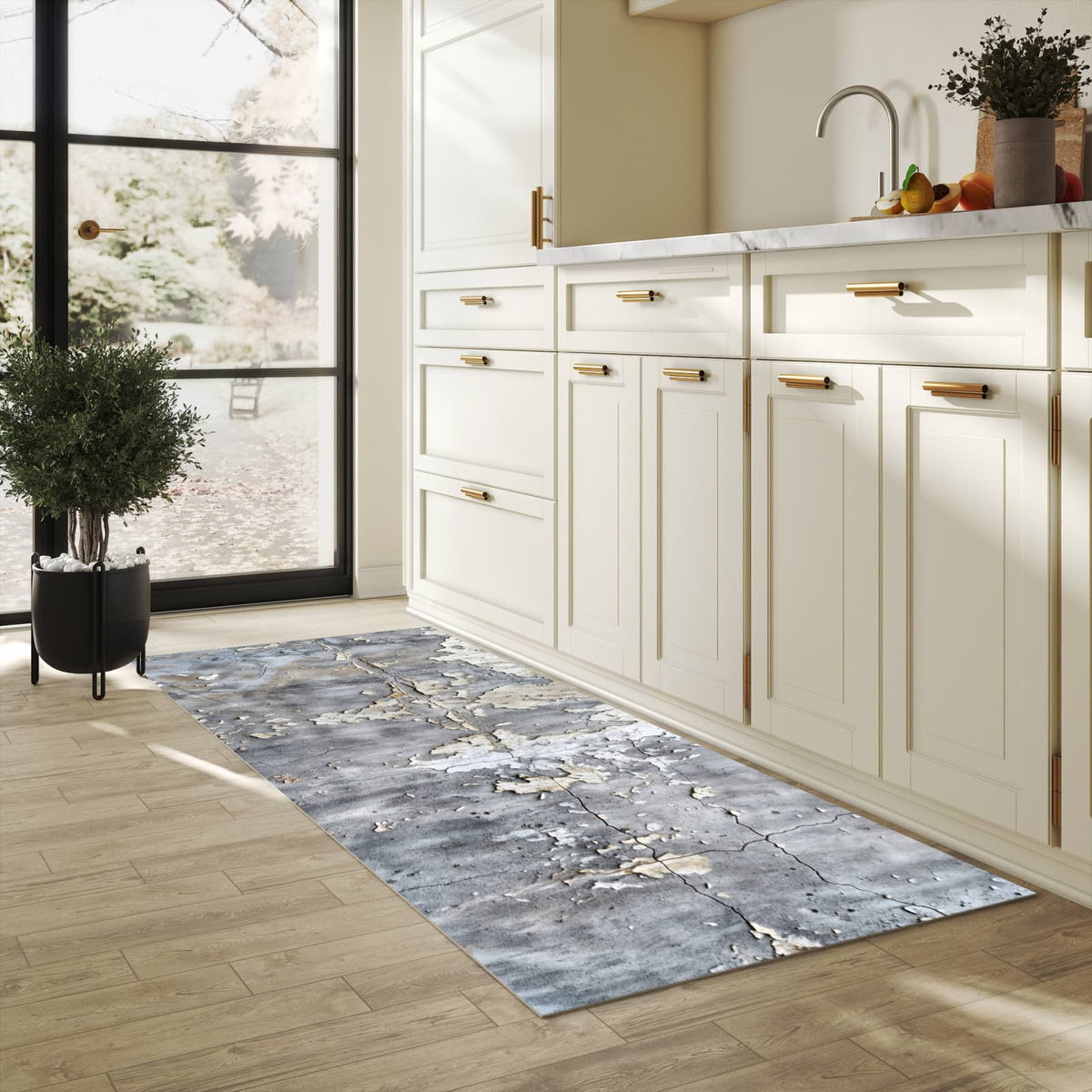 Zeitsparender Küchenteppich mit Motiv Abblätternde Wand in heller Küche