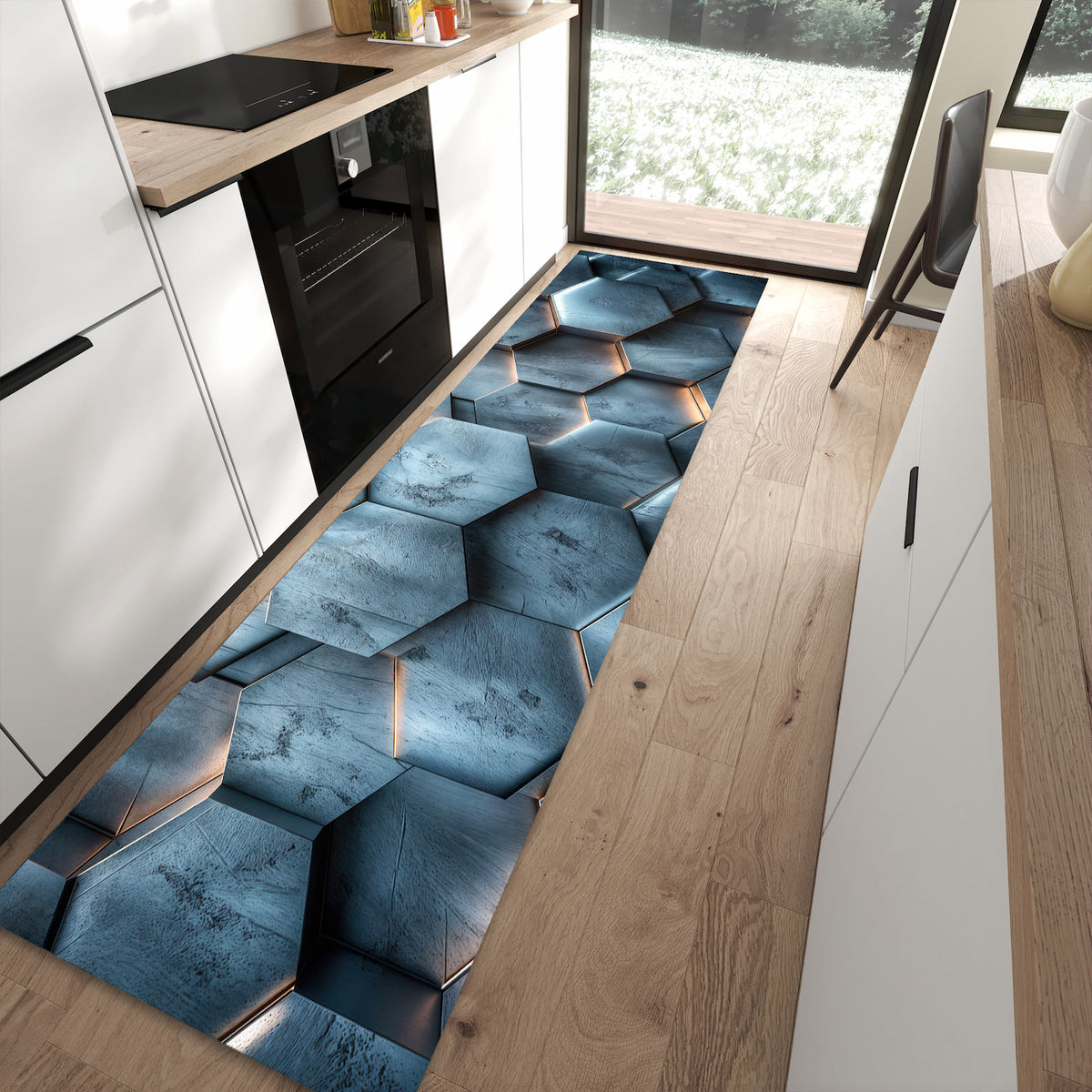 Küchenteppich mit Motiv Hexagon Struktur für Ordnung in moderner Küche