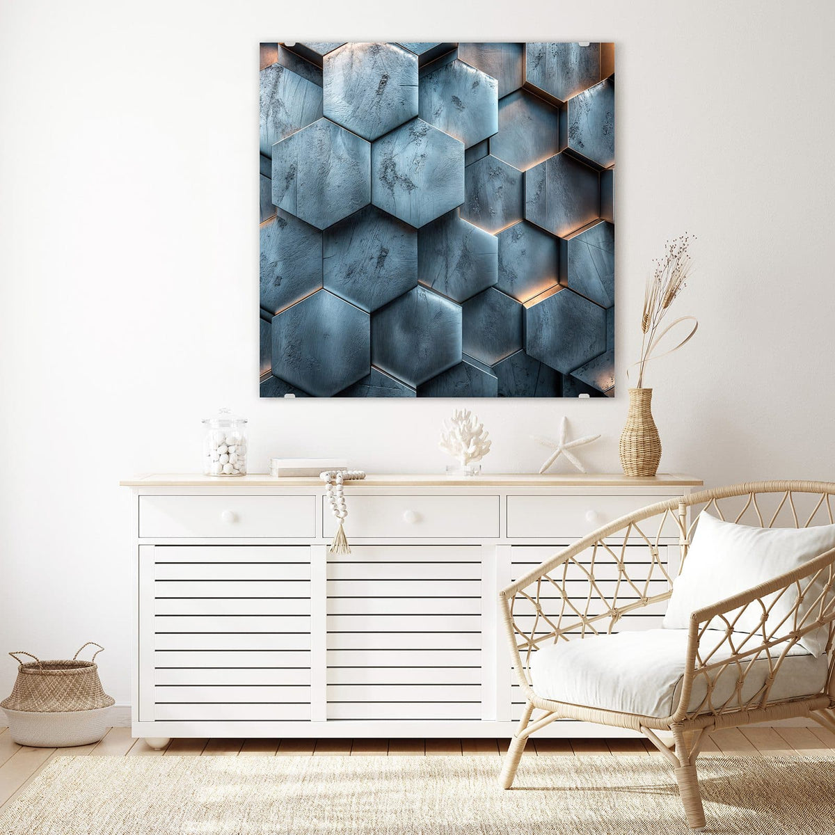 Glasbild Wabenmuster in Blau an der Wand – Dreidimensionale Sechseckplatten in Blaugrau mit warm leuchtenden Fugen