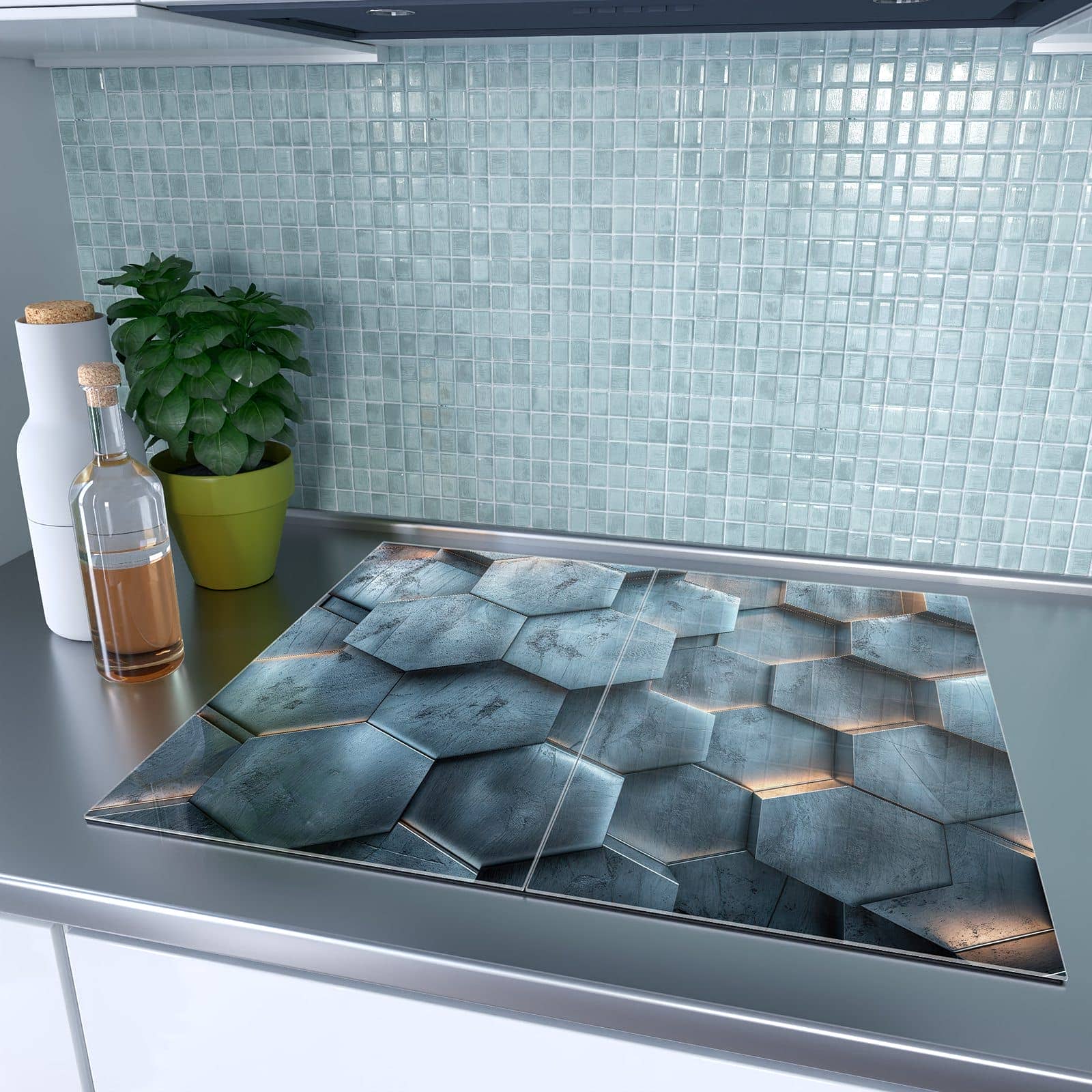2-teilige Herdabdeckung mit Hexagon Struktur-Motiv auf dem Ceranfeld