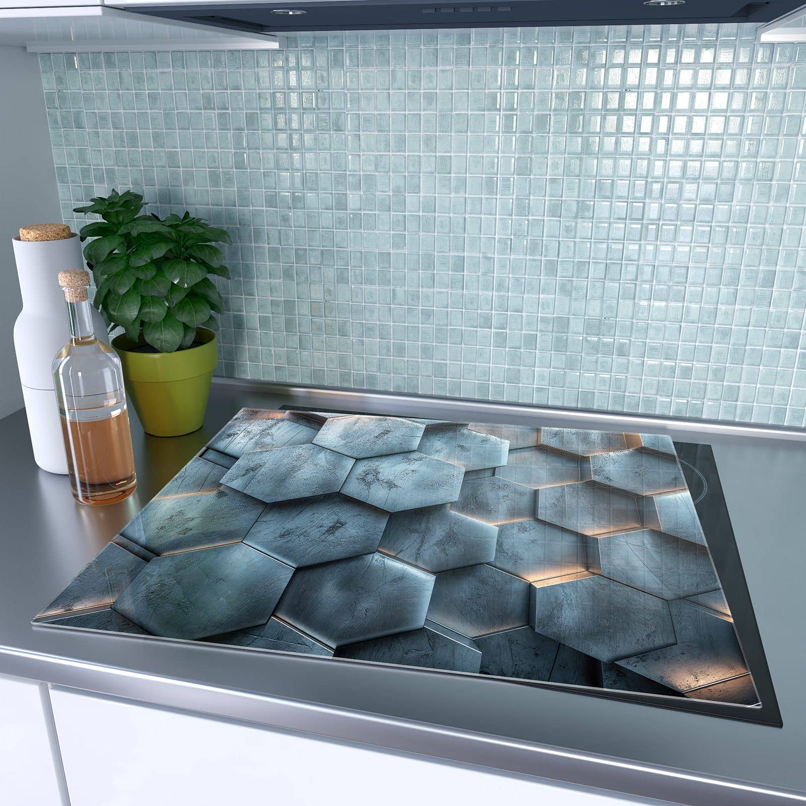 1-teilige Abdeckplatte Induktionsherd mit Hexagon Struktur-Motiv auf dem Ceranfeld