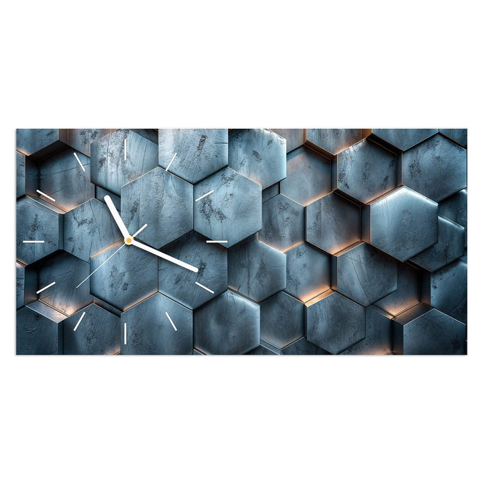 Wanduhr Hexagon Struktur aus Glas – Querformat 60 × 30 cm mit Ziffernblatt Linie