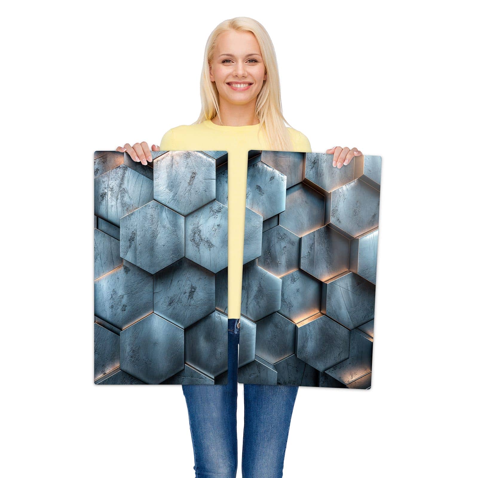 2-teilige Herdabdeckplatten für Ceranfeld mit Hexagon Struktur-Motiv zur Größendarstellung gehalten