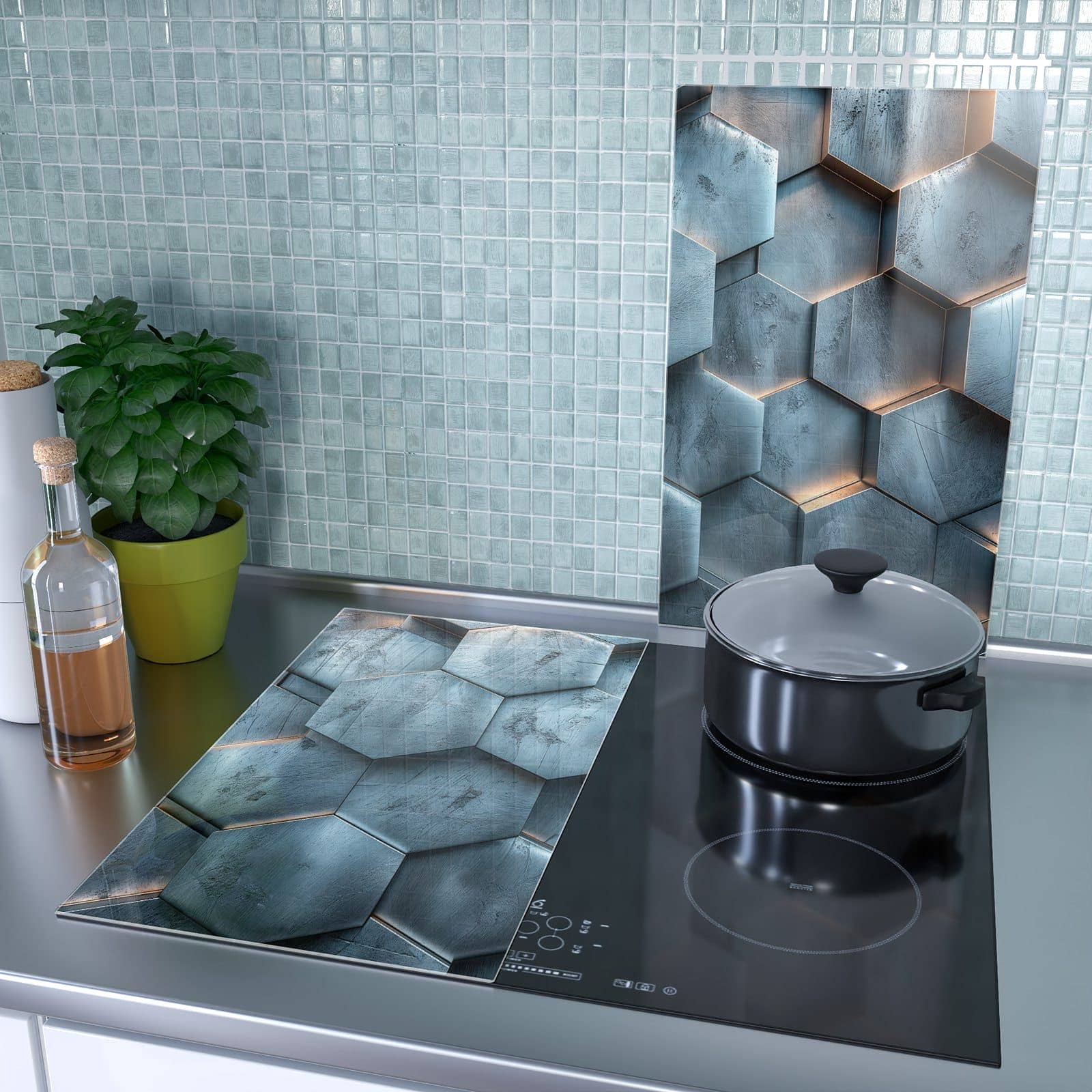 2-teilige Abdeckung für Herdplatten mit Hexagon Struktur-Motiv als Spritzschutz hinter dem Kochfeld