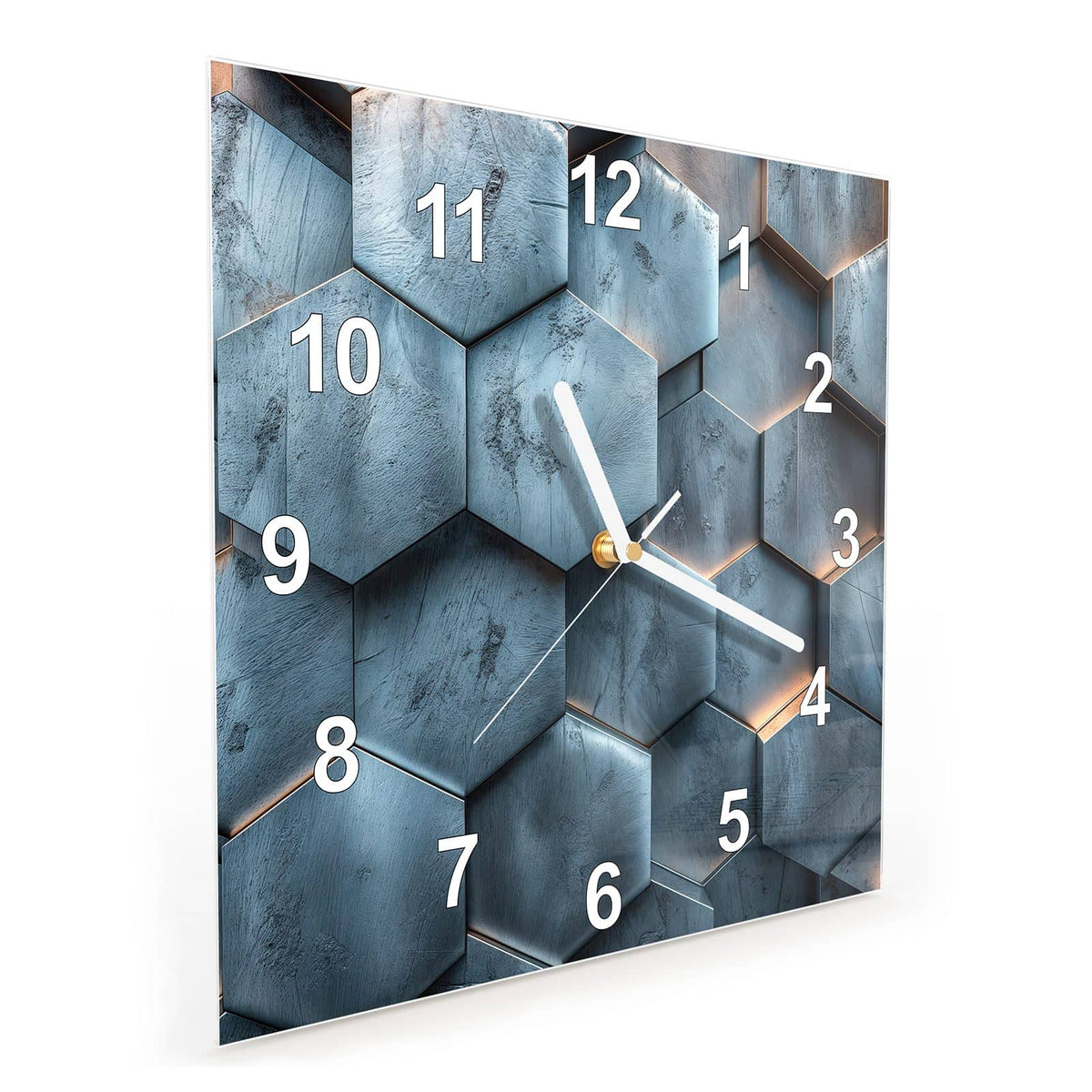 Quadratische Wanduhr aus Glas Wabenmuster in Blau schräg von der Seite, 4 mm starkes Glas