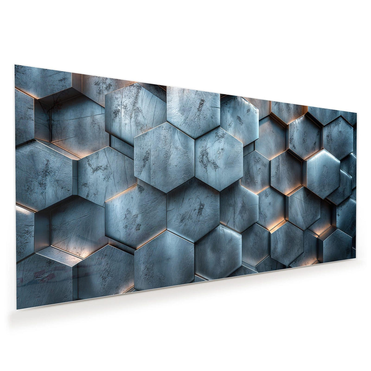 Dreidimensionale Sechseckplatten in Blaugrau mit warm leuchtenden Fugen