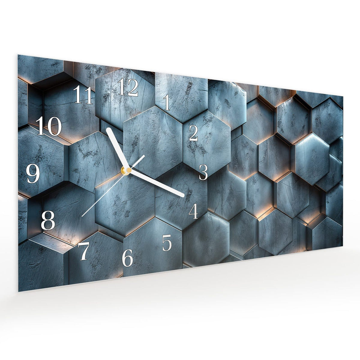 Vormontiert – mit Schwebeeffekt – Wanduhr Hexagon Struktur aus Glas – Querformat 60 × 30 cm