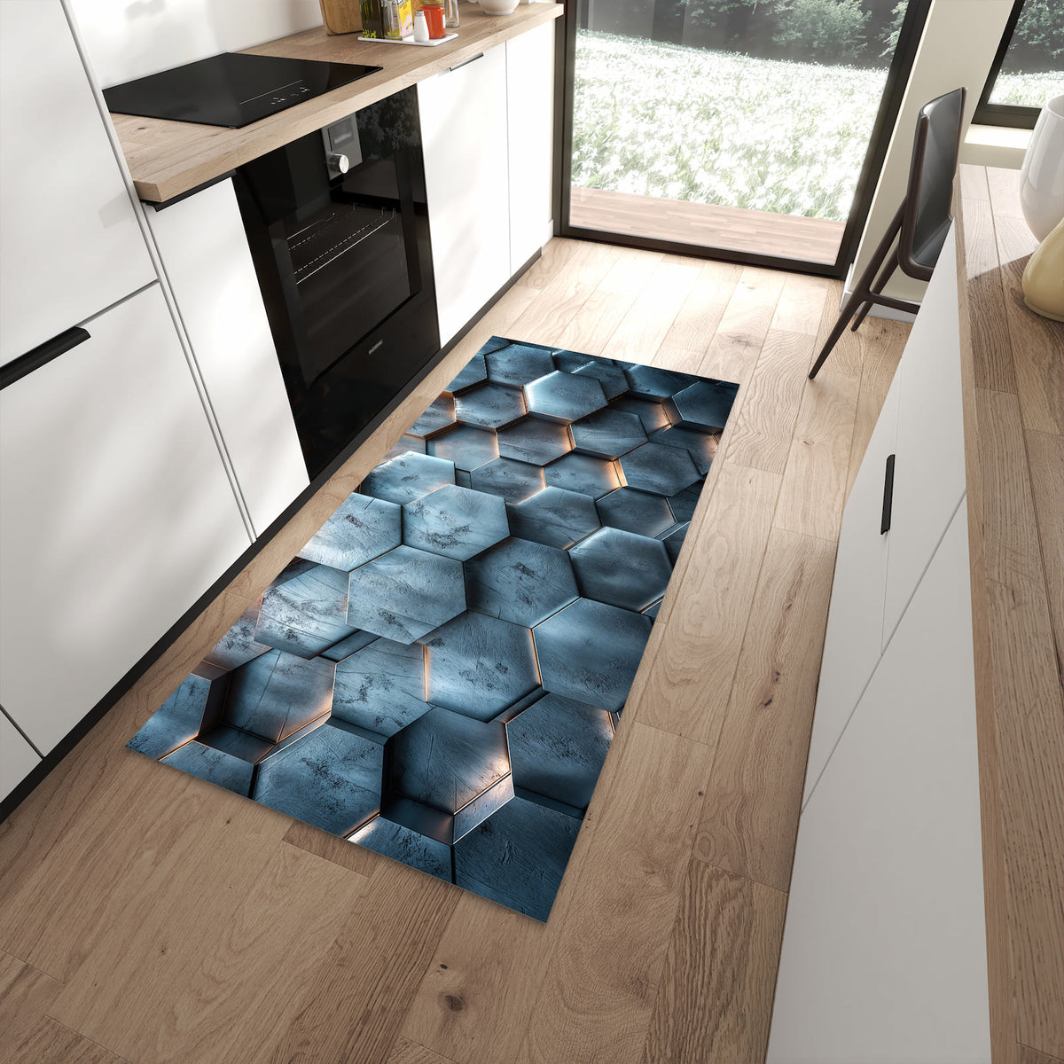 Bodenschonender Küchenläufer mit Motiv Hexagon Struktur in moderner Küche