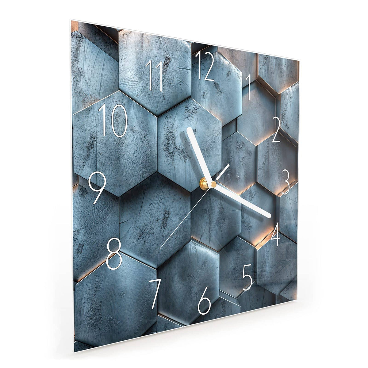 Quadratische Wanduhr aus Glas Wabenmuster in Blau schräg von der Seite, 4 mm starkes Glas