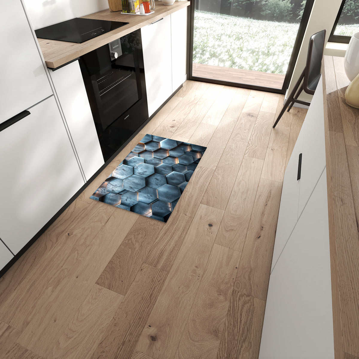 Langlebiger waschbarer Küchenteppich mit Motiv Hexagon Struktur in moderner Küche