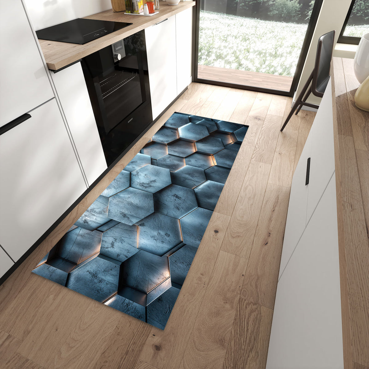 Rutschfester großer Küchenteppich mit Motiv Hexagon Struktur in moderner Küche