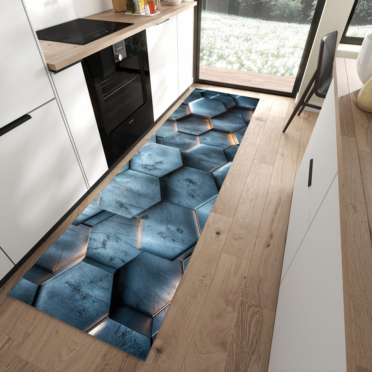 Bodenschonender Küchenteppich mit Motiv Hexagon Struktur in moderner Küche