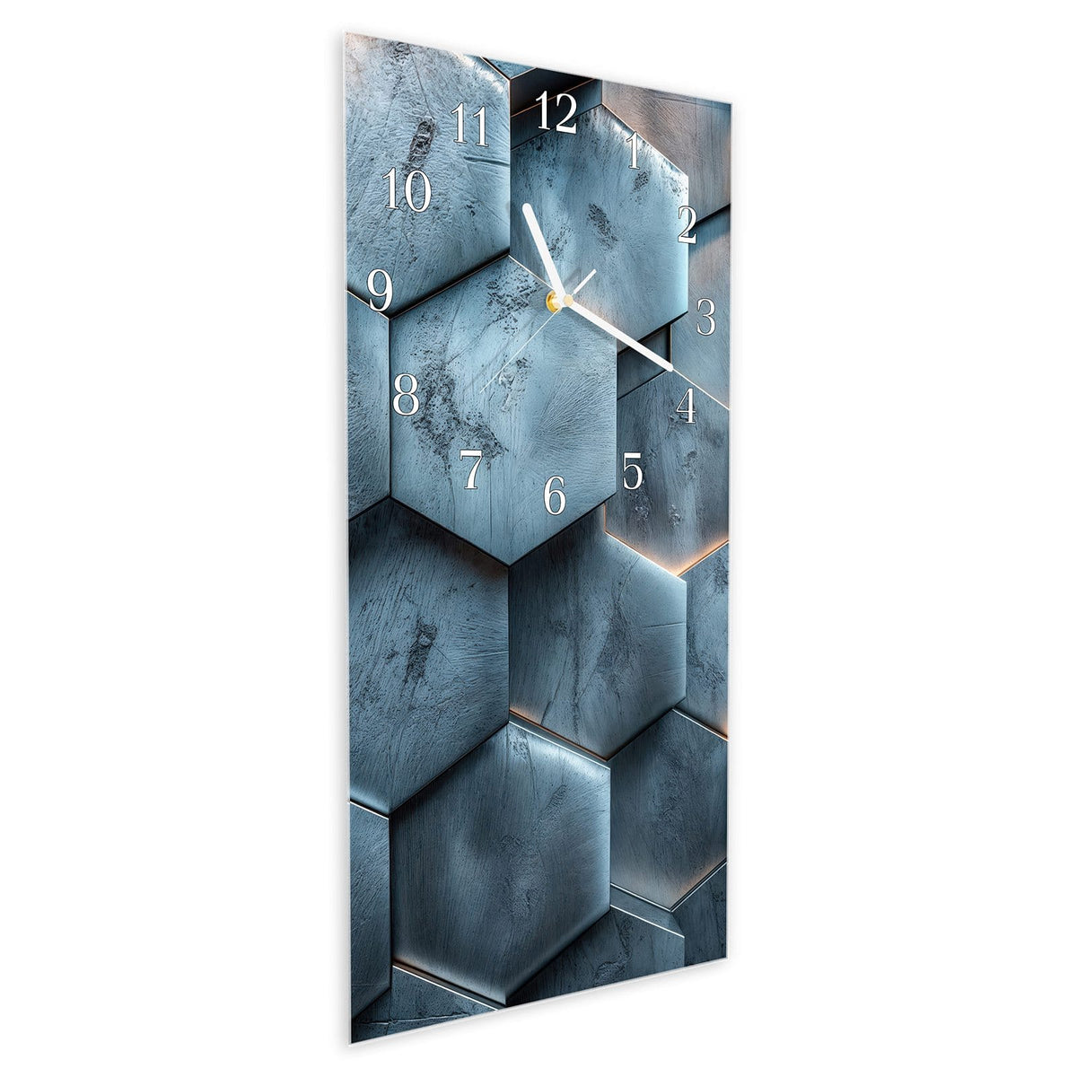 Vormontiert – mit Schwebeeffekt – Wanduhr Hexagon Struktur aus Glas – Hochformat 30 × 60 cm