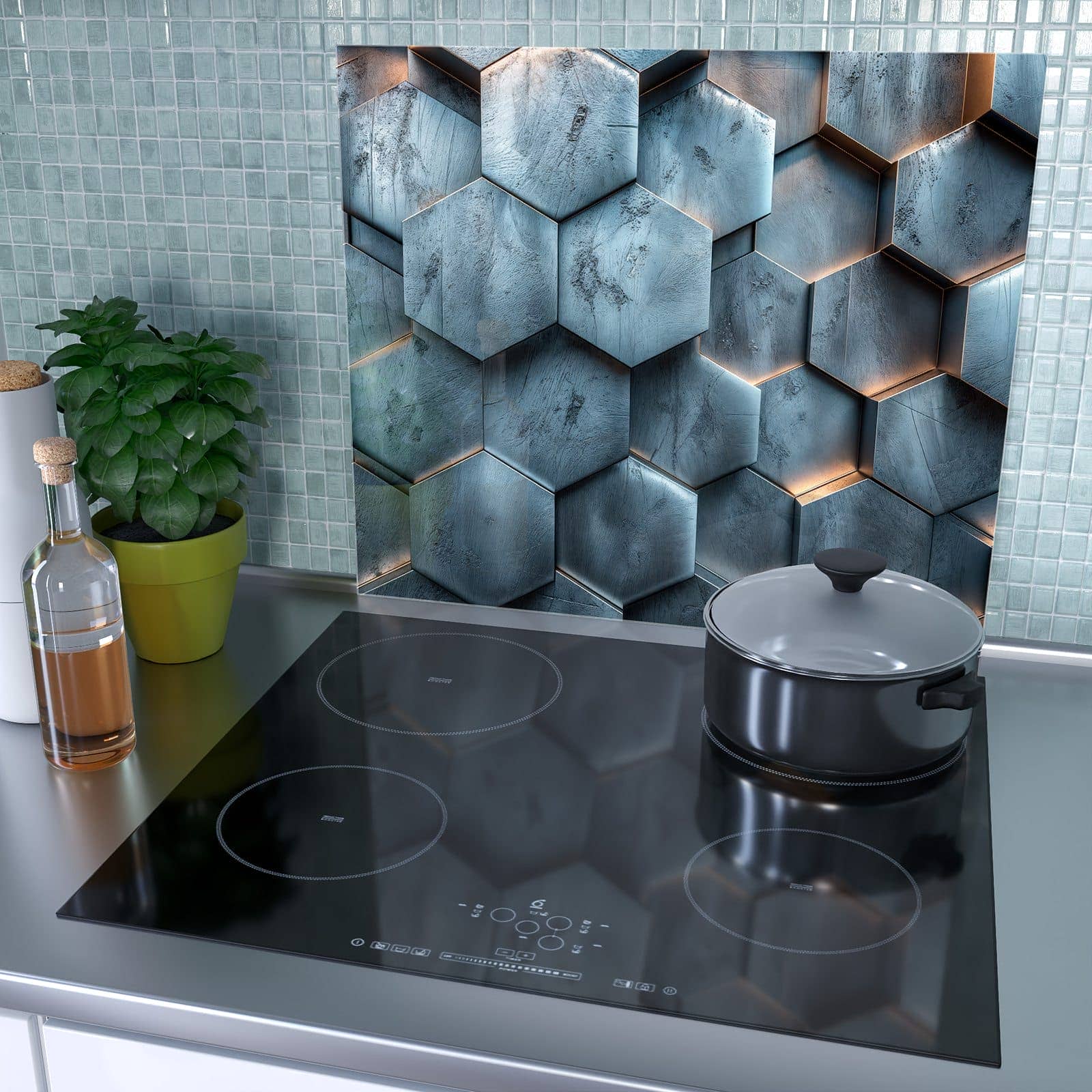 1-teilige Herdabdeckung mit Hexagon Struktur-Motiv als Spritzschutz hinter dem Kochfeld