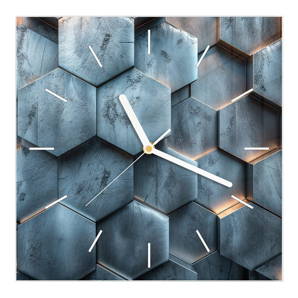 Wanduhr aus Glas, Ziffernblatt Linie mit Motiv Wabenmuster in Blau: Dreidimensionale Sechseckplatten in Blaugrau mit warm leuchtenden Fugen