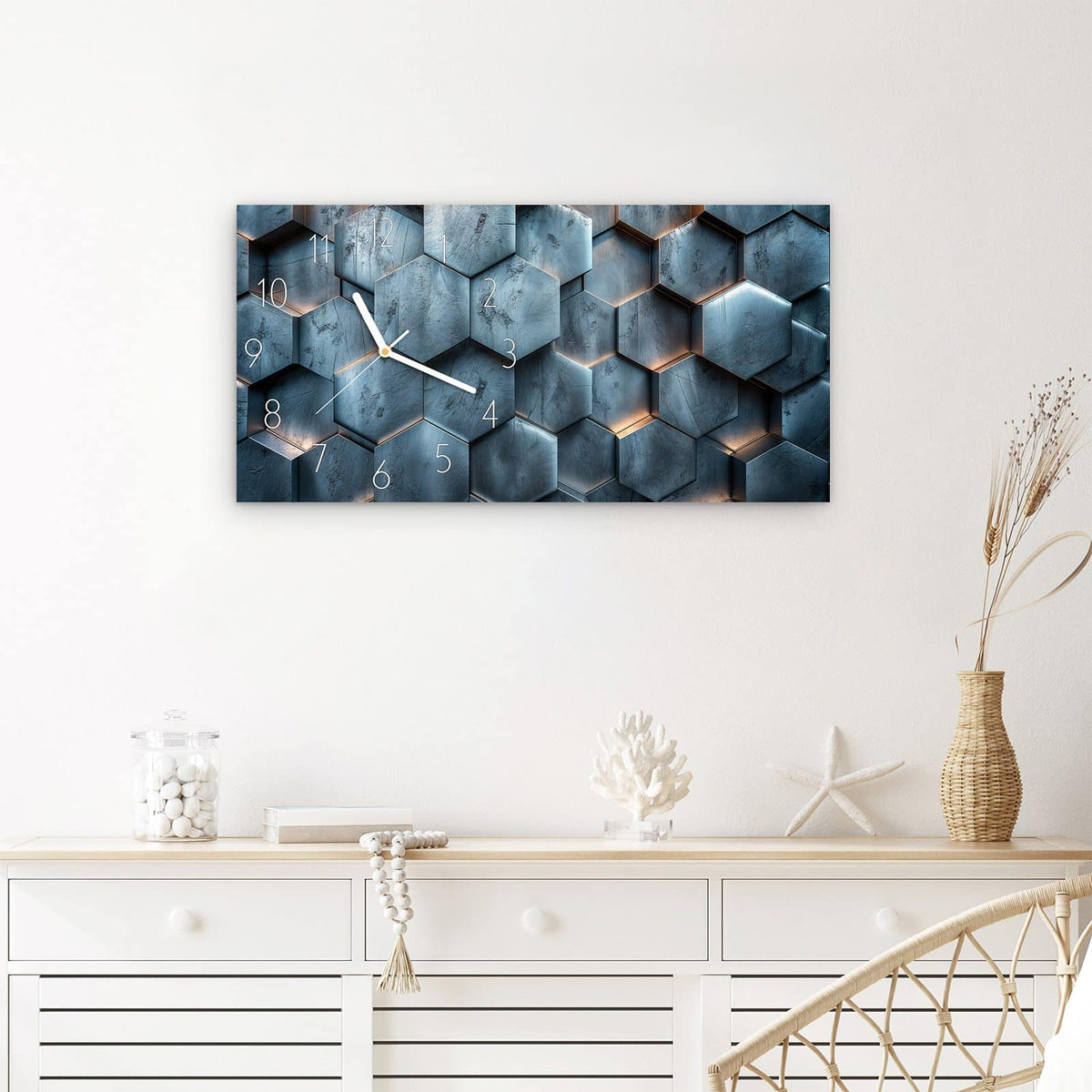 Wanduhr Hexagon Struktur aus Glas – Querformat 60 × 30 cm – Dreidimensionale Waben in Metallblau