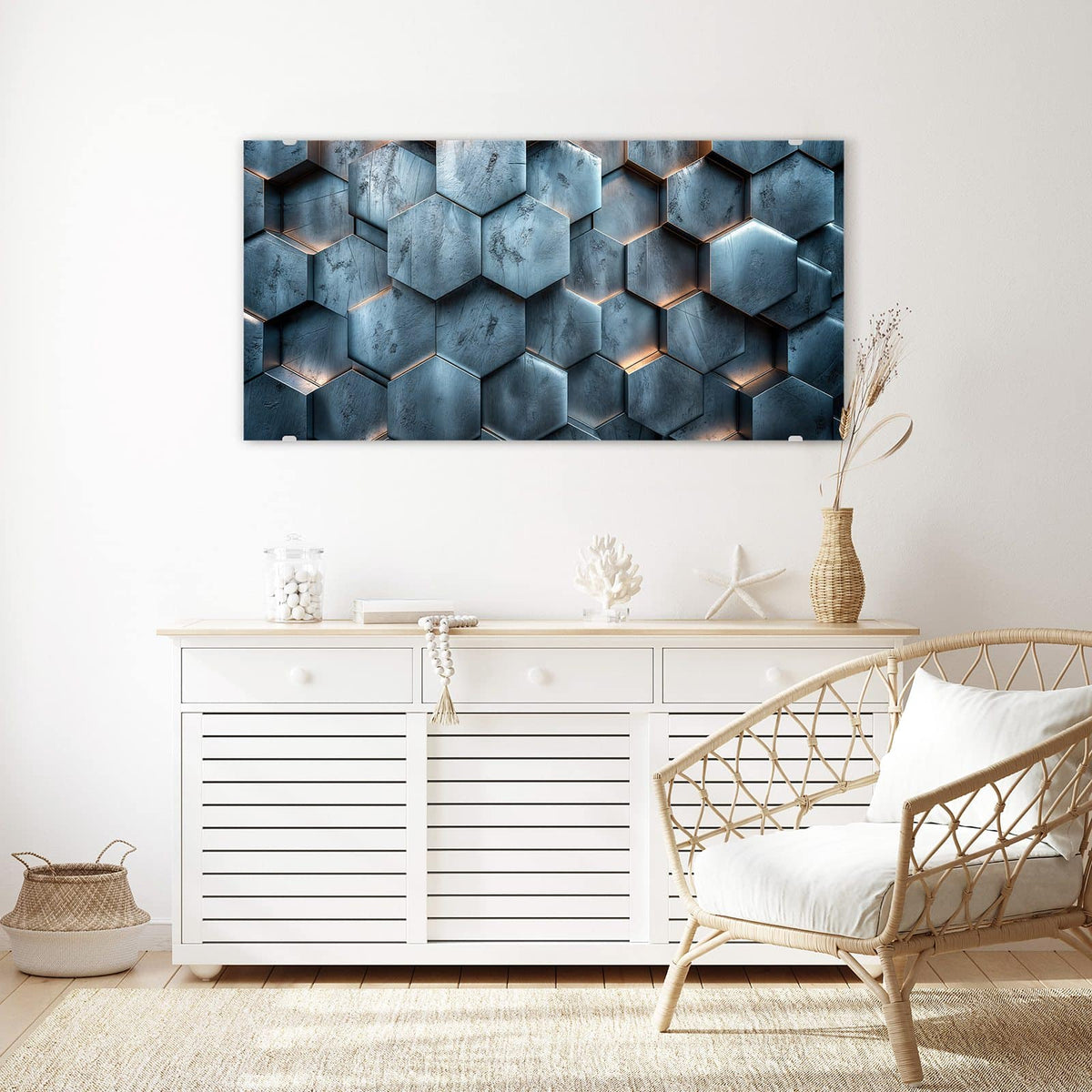 Echtglas, 4 mm – kein Acryl, keine Folie – Wandbild - Wabenmuster in Blau - Querformat