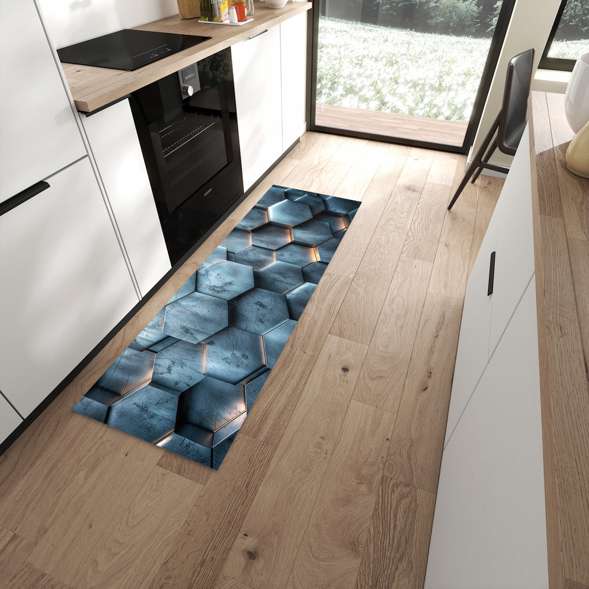 Komfortabler Küchenteppich mit Motiv Hexagon Struktur in moderner Küche