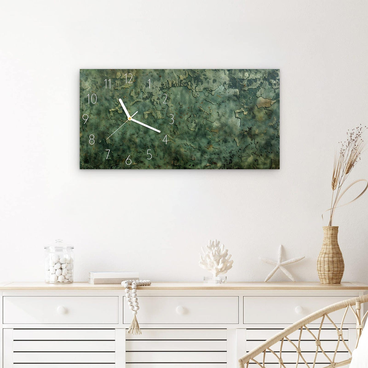 Wanduhr Verwitterte Textur aus Glas – Querformat 60 × 30 cm – Grüne Patina mit braunen Akzenten