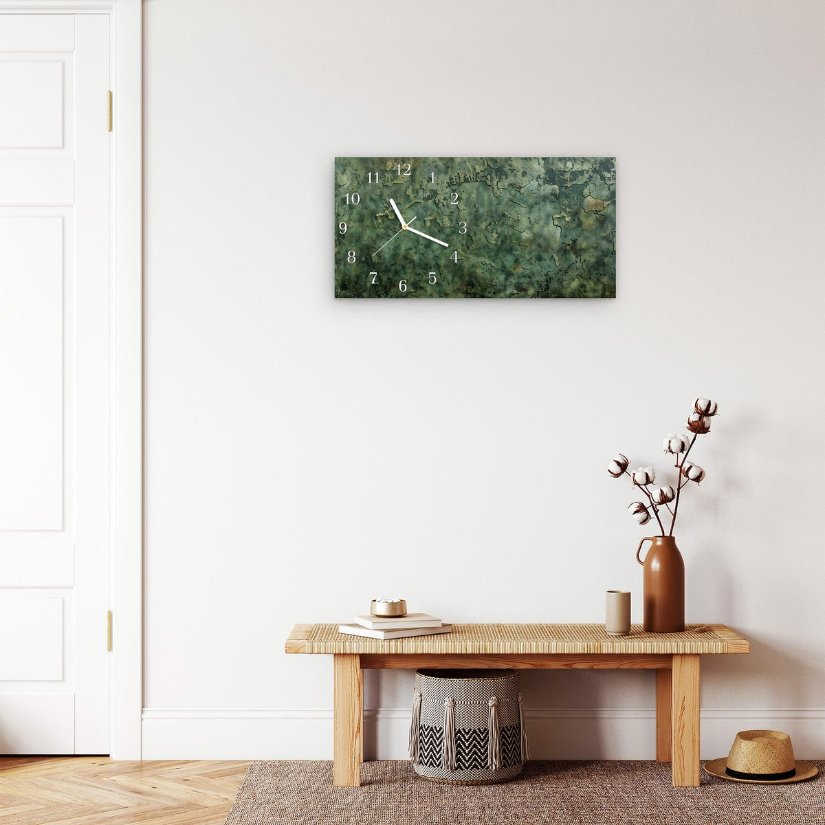 Moderne Wanduhr aus Glas mit Farbtiefe – Wanduhr Verwitterte Textur aus Glas – Querformat 60 × 30 cm