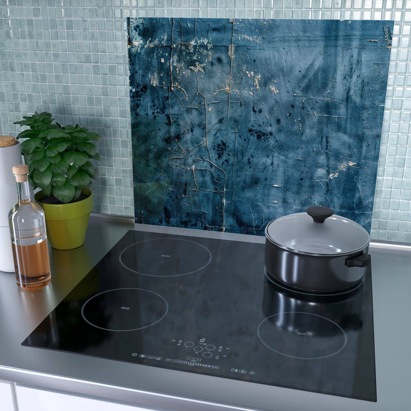 1-teilige Herdabdeckung aus Holz mit Verwitterte & Wand-Motiv als Spritzschutz hinter dem Kochfeld